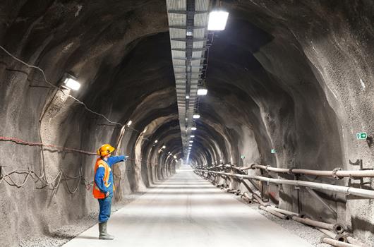 Worker pointing into a tunnel.