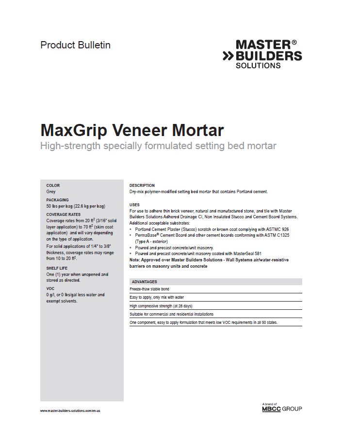 MaxGrip Veneer Mortar Product Bulletin