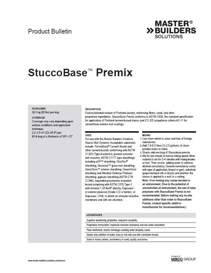 StuccoBase Premix Product Bulletin