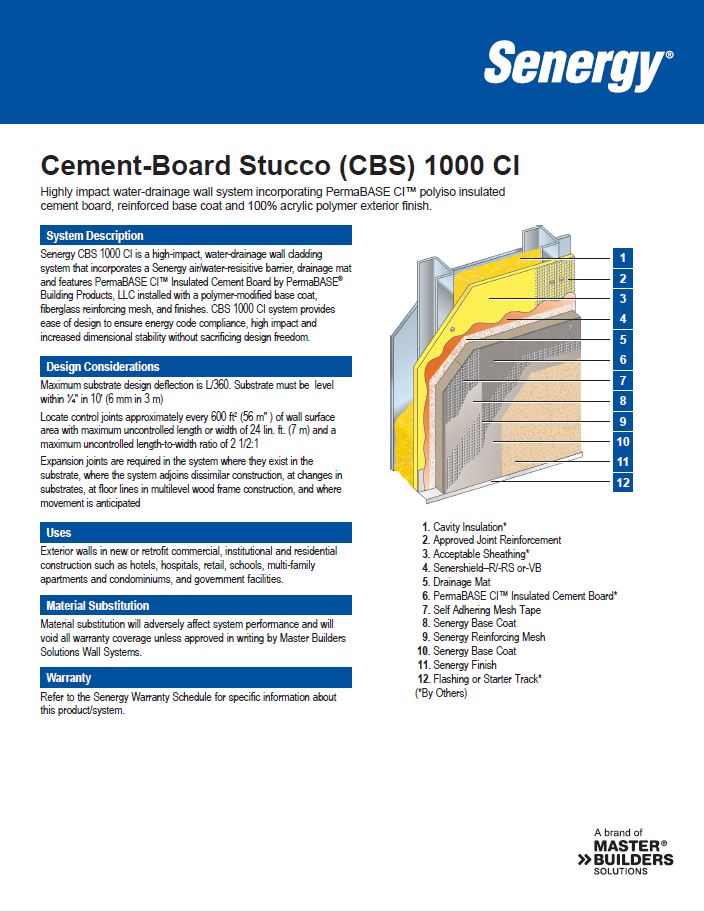 Cement Board Stucco 1000 CI System Summary