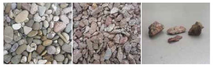 Figure 3-6: Round aggregate (left), crushed aggregate (center) and the sphericity of crushed aggregates (right)